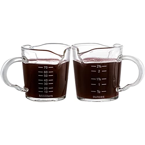 Hacaroa 4 Pack Double Spouts Measuring Cups Espresso Shot Glass with Handle, 2.5 Oz Mini Milk Triple Pitcher Barista Clear Graduated Cups for Coffee, Wine, Bar, Party
