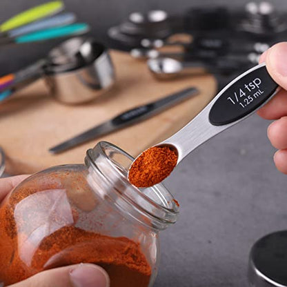 Measuring Cups and Spoons Set Stainless Steel Includes 8 Heavy Duty Measuring Cups 8 Double Sided Magnetic Measuring Spoons and 1 Leveler for Dry and Liquid Ingredients - color: black T