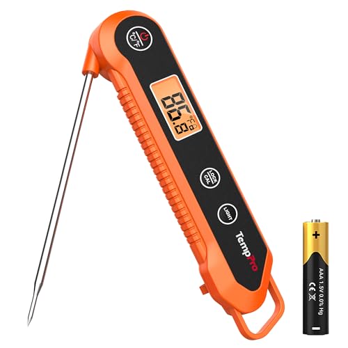 TempPro Digital Instant Read Meat Thermometer for Grilling, Waterproof Food Thermometer with Calibration Backlight Baking Bread Candy Thermometer Cooking Gift for Dad Husband (Previously ThermoPro) - color: Orange