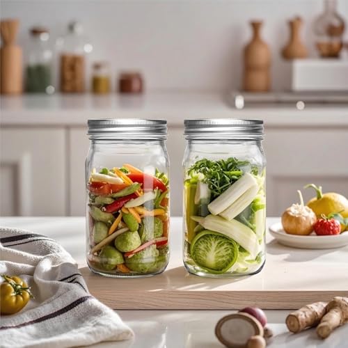 Wide Mouth Glass Mason Jars, 32oz, Pack of 4 | Airtight Lids, Measurement Marks, Food Storage Containers, For Overnight Oats, Canning, Fruit Jams & Meal Prep