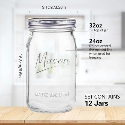 Mason Jars 32 oz,12 Pack Quart Wide Mouth Mason Jar With Airtight Lids,Glass Canning Jars for Fermenting, Pickling,Meal Prep,Overnight Oats & Centerpieces - color: 32oz-Clear-12Pack