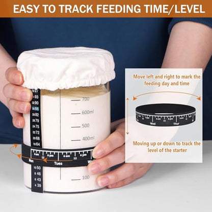 Sourdough Starter Jar Glass, 34 Oz DIY Wide-mouth Pro Sourdough Starter Jar Kit with Silicone Spatula,Cholkboard Sign, hermometer,Feeding Band,cloth cover, Reusable Sourdough Bread Baking Supplies. - color: ガラス
