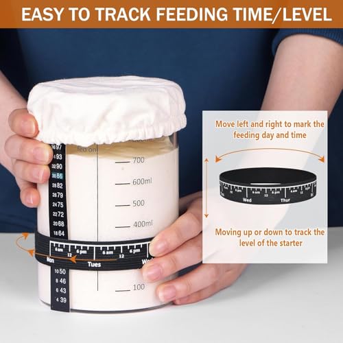 Sourdough Starter Jar Glass, 34 Oz DIY Wide-mouth Pro Sourdough Starter Jar Kit with Silicone Spatula,Cholkboard Sign, hermometer,Feeding Band,cloth cover, Reusable Sourdough Bread Baking Supplies. - color: ガラス