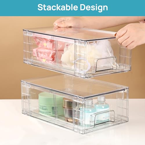 Vtopmart 8 Pack Stackable Storage Drawers,Clear Acrylic Drawer Organizers with Handles, Easily Assemble Containers for Fridge, Bathroom,Kitchen Undersink,Cabinet,Pantry Organization and Storage - size: 8Pack 4.4"H-with Dividers