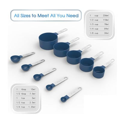 10Pcs Measuring Cups & Spoons Set, Stackable Cups and Spoons, Nesting Measure Cups with Stainless Steel Handle, Kitchen Gadgets for Cooking & Baking (Blue) - color: Blue