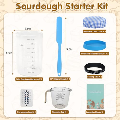 34oz Sourdough Starter Jar Kit,Wide Mouth Sourdough Starter Container with Feeding Tracking Band, Silicone Spatula&Sourdough Starter Kit-Baking Supplies(2 pack). (Blue) - color: Blue