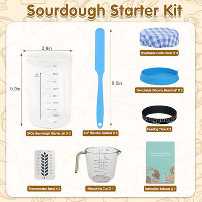 34oz Sourdough Starter Jar Kit,Wide Mouth Sourdough Starter Container with Feeding Tracking Band, Silicone Spatula&Sourdough Starter Kit-Baking Supplies(2 pack). (Blue) - color: Blue