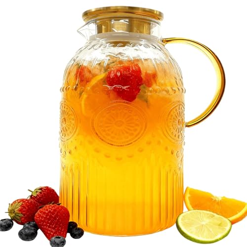 Amzcku Glass Pitcher with Lid, 1 Gallon/128 oz Vintage Water Pitcher,Water Carafe for Cold Brew, Coffee, Lemonade, Iced Tea,Beverage, Heat Resistant Water Glass Jug 1Pack - size: 128 Ounces