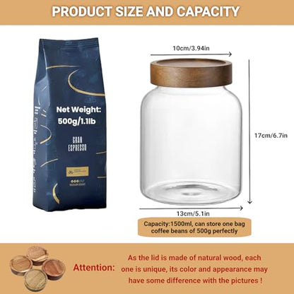 50 Fl oz/1500 ml Clear Glass Jar with Airtight Wooden Screw on Lid, Glass Pantry Canister for 500g Coffee Beans, Kitchen Food Storage Containers for Rice,Flour,Pasta,Sugar,Honey,Tea, Spice,Cereal - size: 1*1500ml