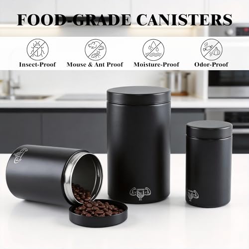 3-Piece Stainless Steel Food Canisters Set (27/47/84oz) | Airtight Metal Kitchen Storage Containers with Screw Lids | Stackable Jars for Coffee, Flour, Sugar & Protein Powder - color: Black