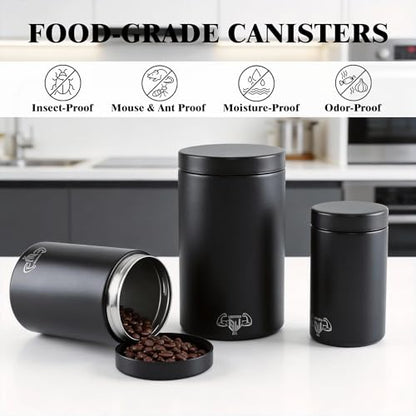 3-Piece Stainless Steel Food Canisters Set (27/47/84oz) | Airtight Metal Kitchen Storage Containers with Screw Lids | Stackable Jars for Coffee, Flour, Sugar & Protein Powder - color: Black