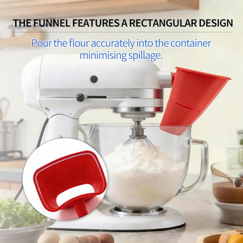 Silicone Flour Funnel for KitchenAid 5Qt Mixer, Wide-Mouth splashproof Design, Also for tilt Mixers 4.5 & 5 Quart (KSM150), Dishwasher Safe, an Essential Baking Tool(red)