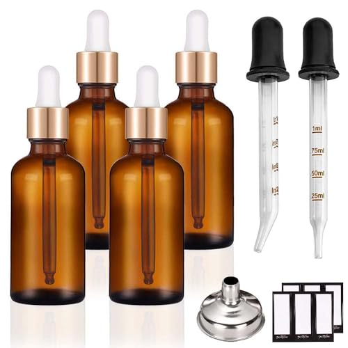 PrettyCare Set of 4, 1 oz Dropper Bottles with Golden Caps, Labels, Funnel & 2 Extra Dropper - 30 ml Thick Dark Amber Glass Empty Tincture Bottles for Personal Care & Beauty - color: 1oz Amber, style: 4 Pack