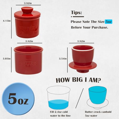 Ceramic Butter Crock, Airtight Butter Crock With Lid for Countertop, Round French Butter Keepers, Porcelain Butter Dish With Lid (Red) - size: Red