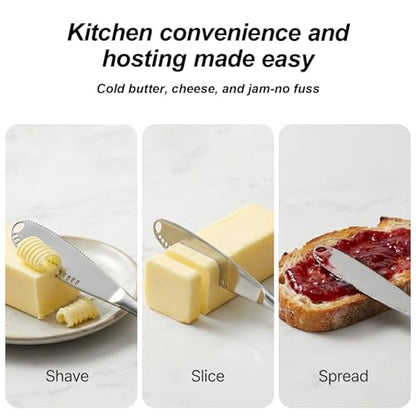 2PCS Upgraded 3-in-1 Butter Knife Spreader and Curler,Professional Stainless Steel Butter Grater for Cold Butter, 8.07 Inch Butter Slicer with Holes for Bread Cheese Jam, Silver
