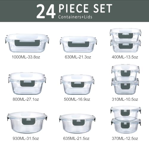 M MCIRCO 24-Piece Glass Food Storage Containers with Upgraded Snap Locking Lids,Glass Meal Prep Containers Set - Airtight Lunch Containers, Microwave, Oven, Freezer and Dishwasher - color: Gray