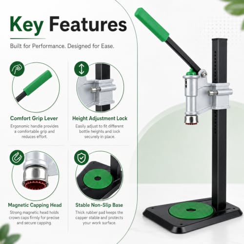 Adjustable Bench Lever Bottle Capper, Metal Press Bottle Sealing Tool, Manual Bottle Closure Device for Home Brewing, Soda & Craft Beverage Bottling