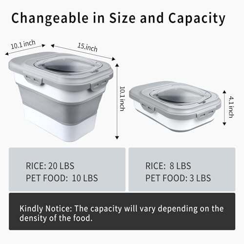Komzon Rice Storage Container, Collapsible Airtight Food Storage Containers 6-20 Lbs, Rice Dispenser with Measuring Cup and Small Bin for Flour Cereal Pasta Grain, Cat Pet Dog Bird Food Container - color: Gray