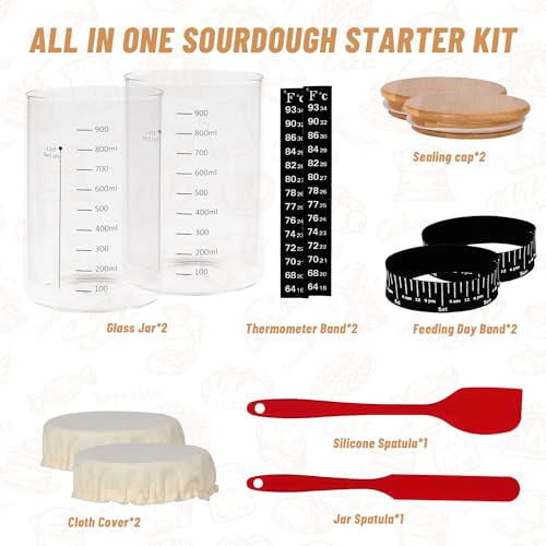 Xileanalee Pro Sourdough Starter Jar Kit 2 Packs-35 Oz Sourdough Bread Starter Jar Kit with Date Marked Feeding Band,Thermometer,Spatula,Cloth Cover& Lid for Sour Dough Bread Loaf (2 Pcs) - size: 2 Pcs