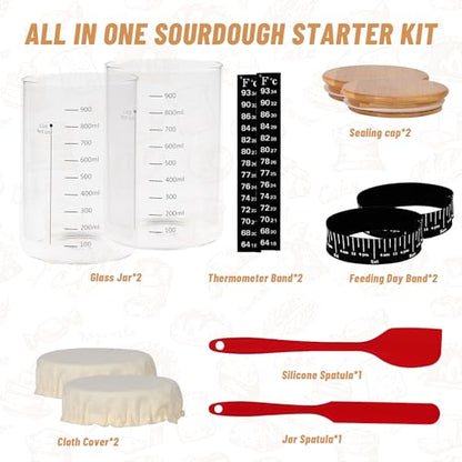 Xileanalee Pro Sourdough Starter Jar Kit 2 Packs-35 Oz Sourdough Bread Starter Jar Kit with Date Marked Feeding Band,Thermometer,Spatula,Cloth Cover& Lid for Sour Dough Bread Loaf (2 Pcs) - size: 2 Pcs