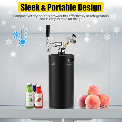 128oz Mini Keg Growler with Beer Tap Dispenser System, 3.6L Stainless Steel Draft Beer Dispenser for Home, Portable Kegerator for Craft Beer Cider and Kombucha