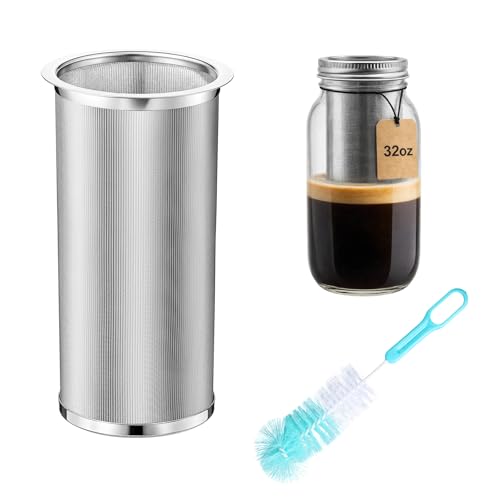 Cold Brew Coffee Filter with Brush Tea Infuser Strainer for 32 OZ/1 Quart Wide Mouth Mason Jar 304 Stainless Steel Food Grade Filter with Sealing Ring for Iced Drink Fruit Tea Coffee Maker - size: 32 oz