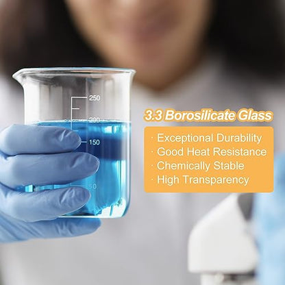 PATIKIL 300ml Low Form Glass Beaker, 6 Pack 3.3 Borosilicate Glass Graduated Printed Scale Measuring Cups with Spout for Kitchen Lab Liquids - size: 300ml