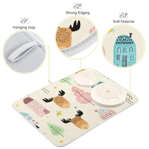 Moose Tree House Beige Dish Drying Mat for Kitchen Counter Super Absorbent Draining Mat with Non-slip Backed Coffee Mat for Dish Cups Bowl Bottles Countertops Sinks Draining Racks