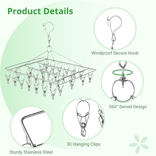 Homaisson 4 PCS Herb Drying Rack, Stainless Steel Hanging Herb Drying Rack with 30 Clips, Windproof Herb Dryer Flower Drying Rack, Space-Saving Drying Rack for Aromatic Herbs Spices Tea Leaves