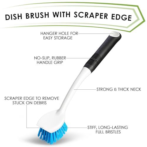 MOSOLAN Dish Brush Set of 3 with Water Bottle Brush, Dish Scrub Brush and Scrubber Brush, Long Handle Kitchen Scrub Brushes for Dishes, Bottles, Cups, Pots, Pans and Sinks, Flat Head - style: Flat Head
