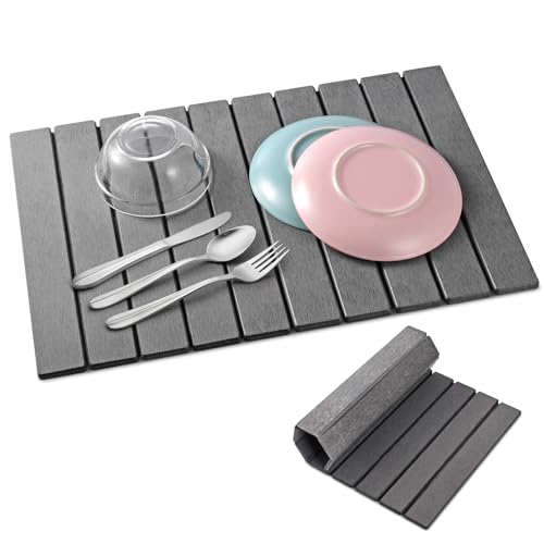 cuomaop Stone Drying Mat for Kitchen Counter Large, Foldable Quick Dry Diatomaceous Earth Mat for Dishes Bottles Cups, Absorbent Collapsible Stone Dish Drying Mat for Countertop Bathroom 23" x 15.3" - color: Dark Gray