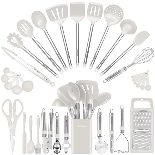 Kitchen Utensil Set-Silicone Cooking Utensils-33 Kitchen Gadgets & Spoons for Nonstick Cookware-Silicone and Stainless Steel Spatula Set-Best Kitchen Tools, Useful Pots (Cream White) - color: Cream White