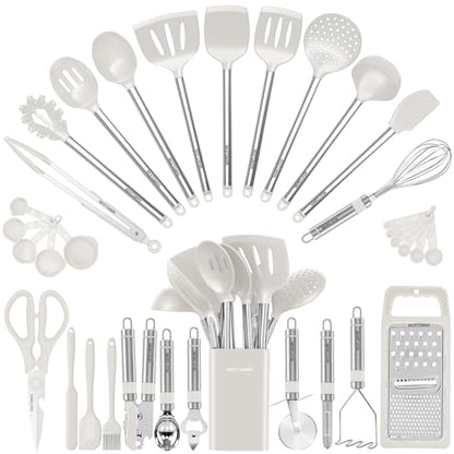Kitchen Utensil Set-Silicone Cooking Utensils-33 Kitchen Gadgets & Spoons for Nonstick Cookware-Silicone and Stainless Steel Spatula Set-Best Kitchen Tools, Useful Pots (Cream White) - color: Cream White