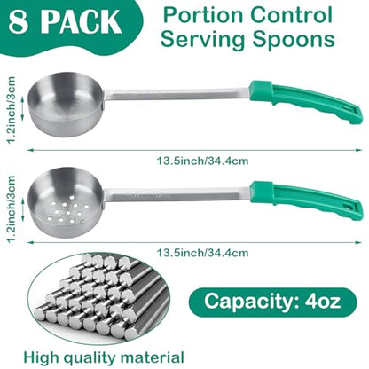 8 PCS Portion Control Serving Spoons, 4 oz Portion Scoops Cups, Solid and Slotted Stainless Steel Ladle Spoon, Pizza Sauce Ladle for Food, Serving Utensils, Measuring and Serving - Green