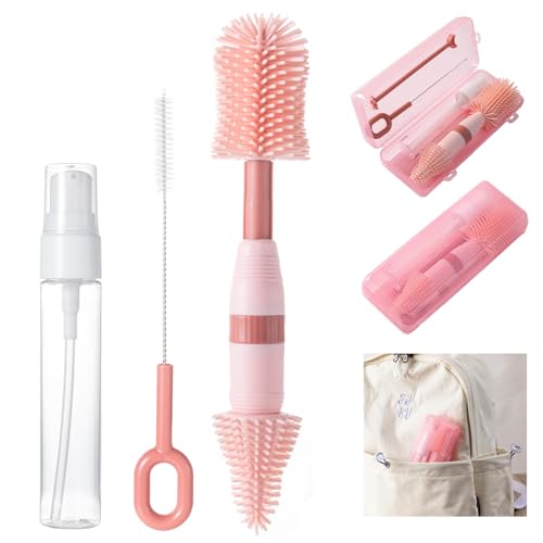 Travel Bottle Brush, 6-in-1 Portable Travel Bottle Cleaner Kit with Small Bottle Brush Built in Drying Rack, Nipple Brush, Straw Brush, Soap Dispenser, for Baby Bottles Under 8 OZ, BPA-Free(Pink) - color: Pink