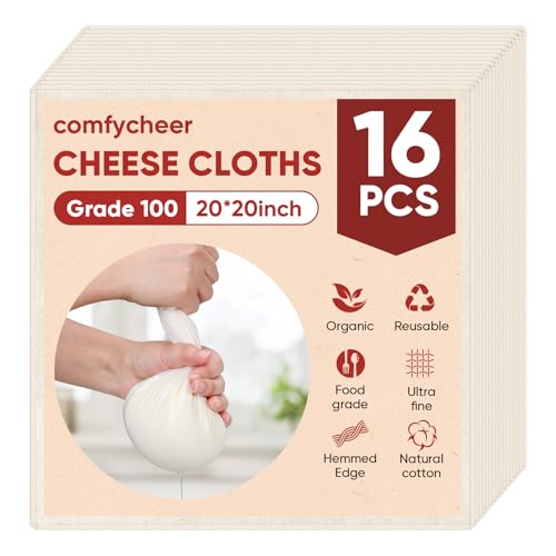 Cheese Cloths for Straining, 16PCS 20 * 20Inch Grade 100 Chees Cloth with Hemmed Edge,100% Cotton Unbleached,Reusable Muslin Cheesecloth for Straining, Making Yogurt, Juicing