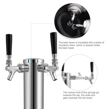 Kegerator Tower Double Tap Beer Tower Dual Faucet Beer Tower Stainless Steel 3'' Flange Beer Tower Dispenser Beer Tap Kegerator Parts with Pre-Assembled Tubing and Self-Closing Springs - size: Double Tap