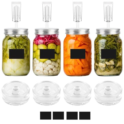 MEEZY 4 Set Fermentation Kit, Fermentation Glass Weights and Airlocks Compatible with 86MM Wide Mouth Mason Jars for Making and Storing Sauerkraut Vegetables