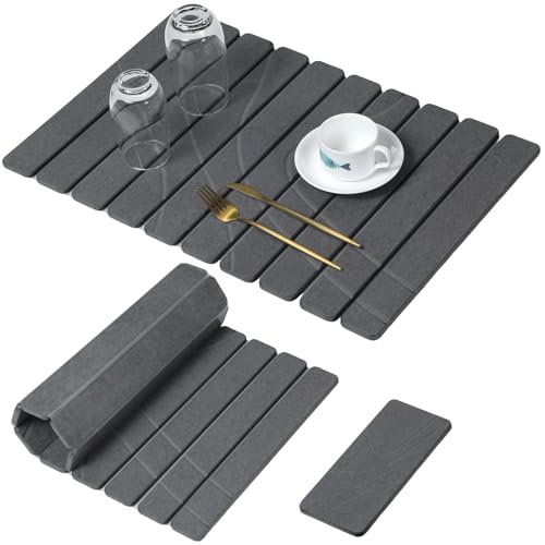 Large Stone Dish Drying Mat for Kitchen Counter,2 PCS Quick Dry Stone Mats,Foldable Water Absorbing Diatomaceous Drying Pad for Countertop Bottles Utensils Cups (Flow Line Dark Gray 24"x16" & 8"x4") - color: Flow Line Dark Gray, size: 24" x 16"