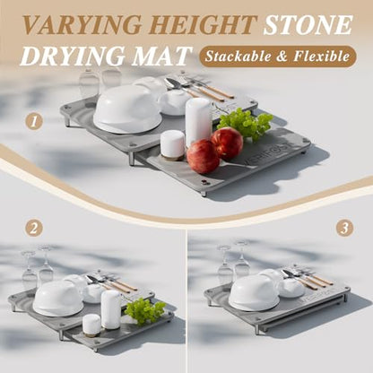 VERIFOST 2pcs Large Stone Dish Drying Mat with Acacia Wood Holder Stand for Cutting Board and Stone Drying Mat for Kitchen Counter Quick Dry Diatomaceous Earth Mat for Kitchen Counter, Moonlight Gray - color: Acacia Holder Moonlight Gray