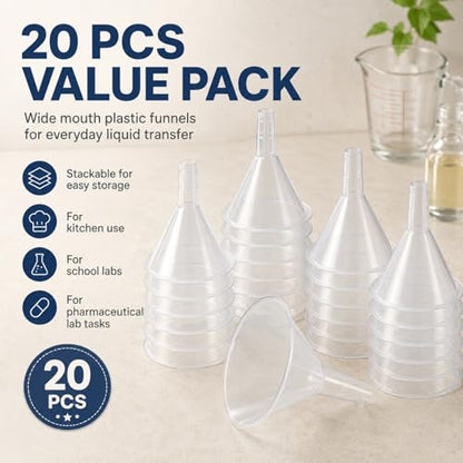 RHBLME 20 PCS Plastic Funnels Set, 4.7 Inch Wide Mouth Clear Plastic Funnels for Filling Bottles, Multipurpose Large Funnel with Long Reaching Spout, Water Bottle Funnel for Powder Liquid Spices