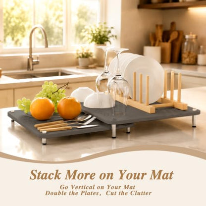 VERIFOST Nested Dish Drying Mat with Bamboo Rack for Dishes, 2Pcs Diatomaceous Earth Stone, Fast Stone Drying Mat for Kitchen Counter with Non-slip Feet, Midnight Gray - color: Bamboo Rack Midnight Gray