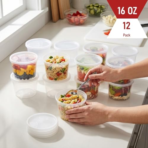 Mr Miracle Deli Containers with Lids - 24 Pack of 16 oz Clear Airtight Reusable Plastic Food and Multi-Purpose Containers - Microwave, Freezer, and Dishwasher Safe - color: 24 Pack, size: 16 Ounce