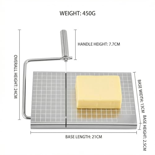 Versatile Stainless Steel Cheese Slicer with 6 Replacement Wires & Cutting Board Metal Cheese Cutter for Block Cheese Slices (Silver)