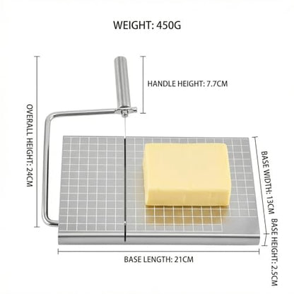 Versatile Stainless Steel Cheese Slicer with 6 Replacement Wires & Cutting Board Metal Cheese Cutter for Block Cheese Slices (Silver)