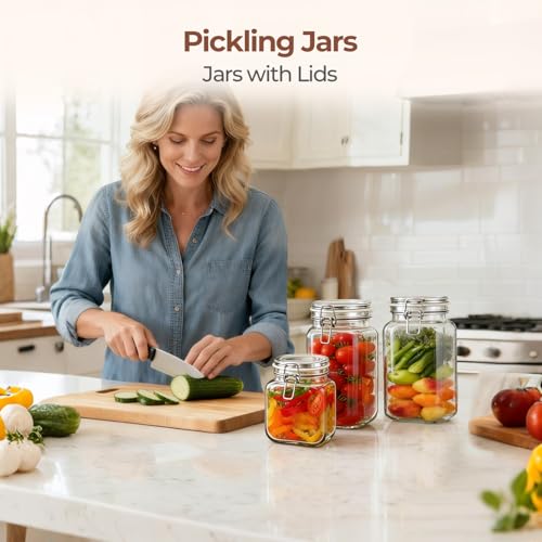 ComSaf Set of 3 Square Glass Jars with Airtight Lids (51 Oz) — Wire Clamp Canisters for Small-Batch Pickling, Kimchi, Bulk Dry Food, Wide Mouth Space Saving Kitchen Pantry Organization Jars - size: 51oz*3
