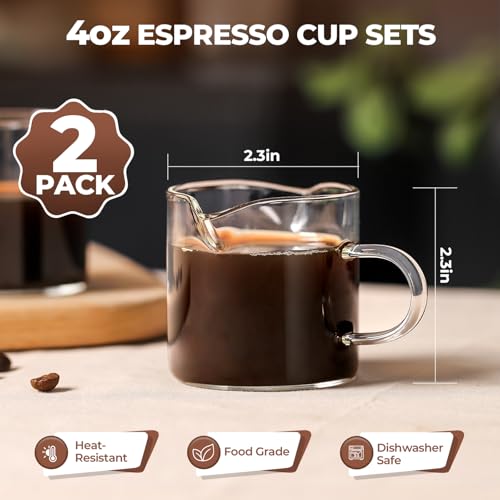 Espresso Cups Set of 2 - 4 Oz Espresso Shot Glass with Handle Double Spout Cups Clear Glass Milk Cup Espresso Accessories Great for Making Coffee Desserts Salad Dressings - color: No Scale -Clear
