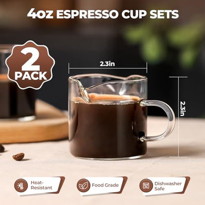 Espresso Cups Set of 2 - 4 Oz Espresso Shot Glass with Handle Double Spout Cups Clear Glass Milk Cup Espresso Accessories Great for Making Coffee Desserts Salad Dressings - color: No Scale -Clear