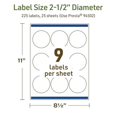 Avery Dissolvable Round Labels, Sure Feed Technology, 2.5" Diameter, Matte White, Print-to-The-Edge, Laser/Inkjet Printable, 225 Labels Total - style: 225 labels