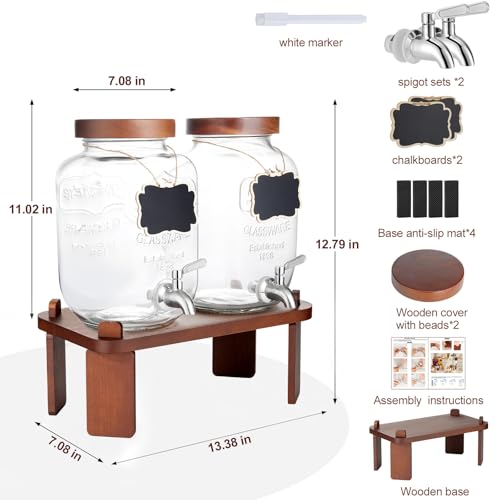 2PCS Large Drink Dispensers for Parties,Glass Beverage Dispenser with Wood Stand,Lemonade Drink Dispenser with Stainless Steel Spigot for Fridge,Water, Juice,Punch,Cocktails,Ice Tea & Sun Tea